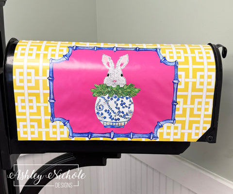 Peeking Bunny in a Ginger Jar - Magnetic Vinyl Mailbox Cover