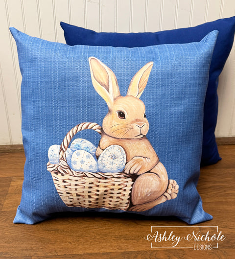 Custom Pillow - Benjamin Bunny on Courtyard Blue Outdoor Fabric