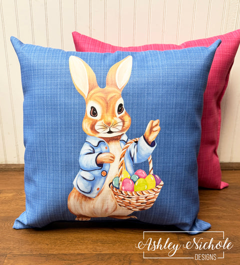 Custom Pillow - Peter Cottontail on Courtyard Blue Outdoor Fabric