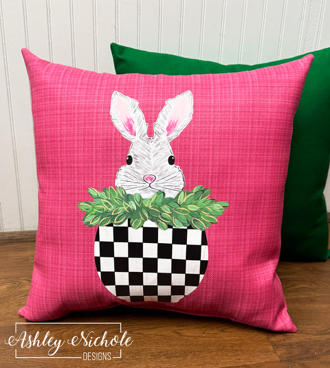 Custom Pillow - Peeking Bunny in Checkered Pot on Jazz Pink Outdoor Fabric