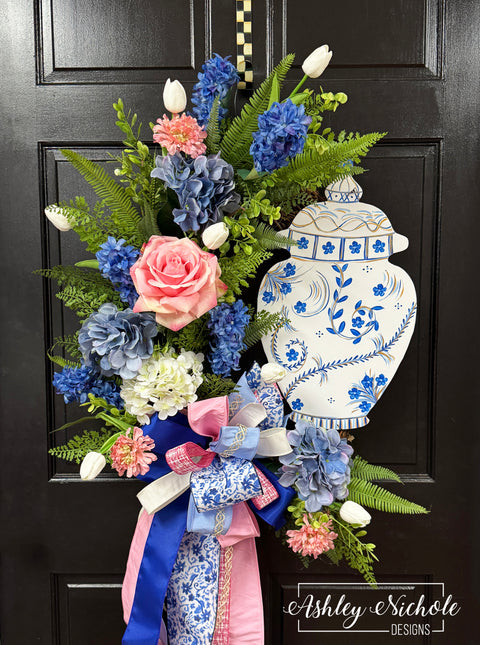 Spring Elegance Chinoiserie Jar Wreath