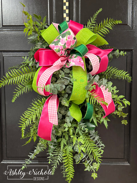 Fern and Eucalyptus Greenery Swag - Bright Pink & Green Bow