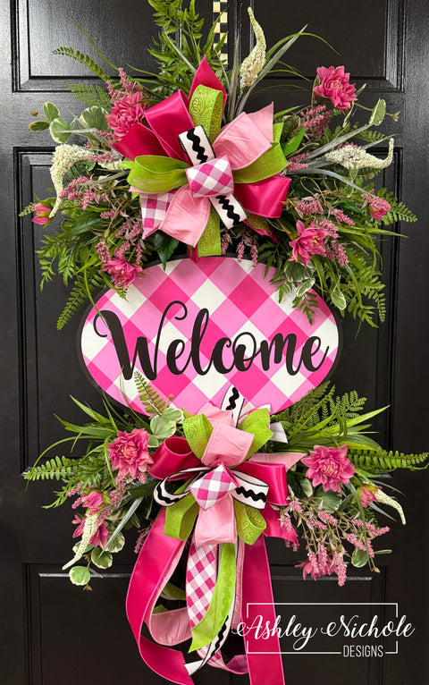 Buffalo Check Welcome Plaque Everyday Wreath - PINKS