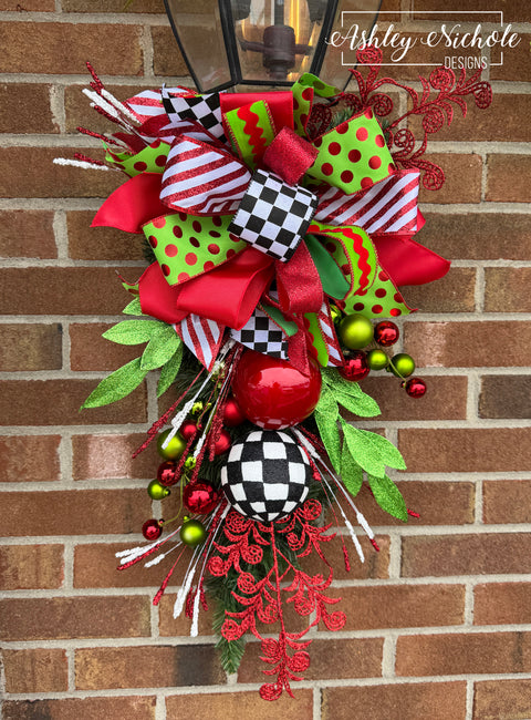 26" Decorated Evergreen Lantern Swag - Matching - Checkered Whimsical Christmas