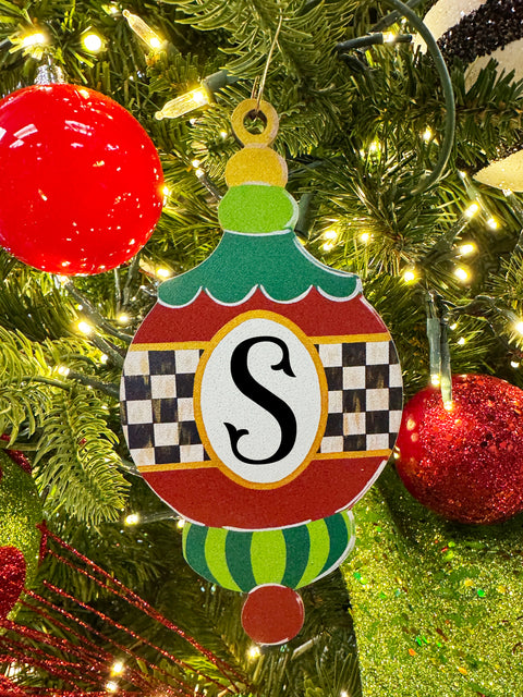 Elegant Checkered Initial Ornament - Wooden Christmas Ornament