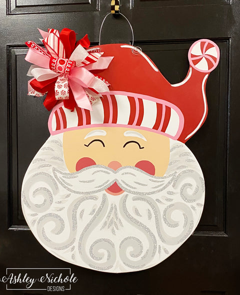 Santa - Pink & Red Candy - Door Hanger - (Hand Painted)