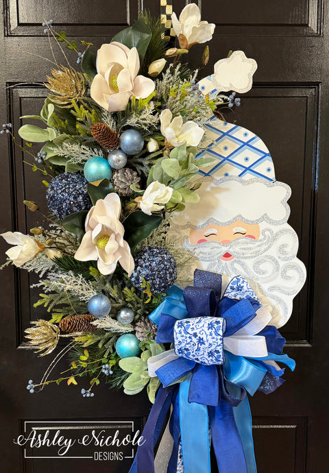 Santa Wreath - Blue & White - Chinoiserie Style