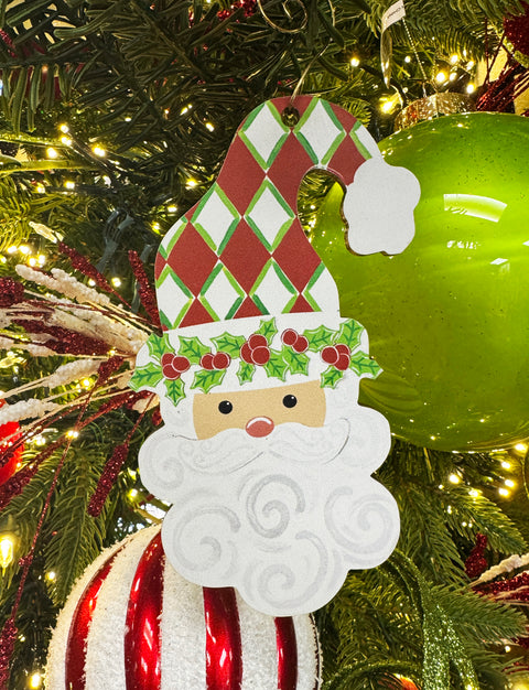 Santa - Holly Jolly Harlequin (RED) - Wooden Christmas Ornament