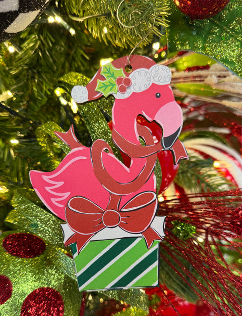 Merry & Bright Christmas Flamingo - Wooden Christmas Ornament