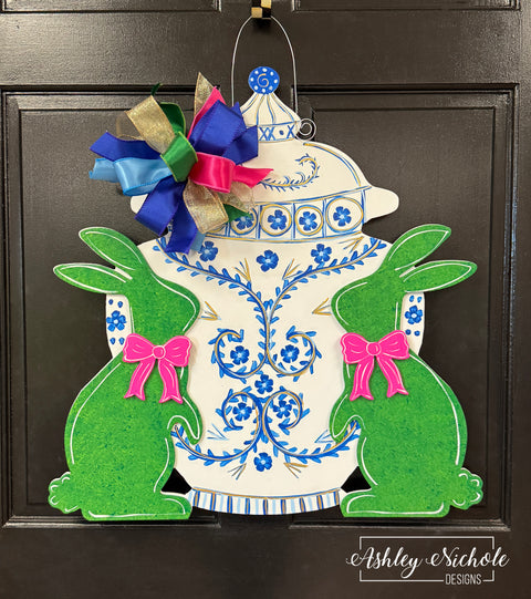 Boxwood Bunnies & Chinoiserie Ginger Jar Door Hanger