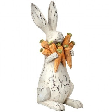 11" Resin Carved Bunny with Carrots - Whitewashed