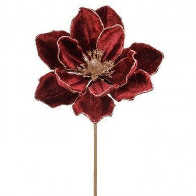 24" Velvet Magnolia Stem w/Glittered Edges - Burgundy