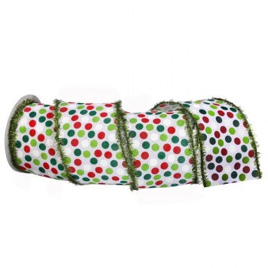 White w/ Multi Color Dots w/ Tinsel Edge Wired Ribbon - 4" x 10yds