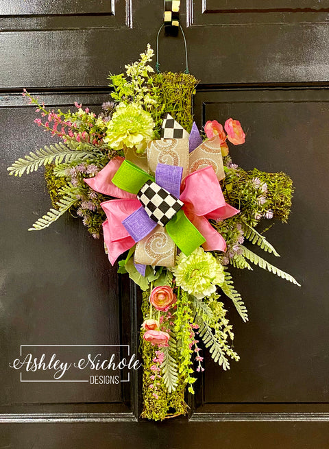 24" Moss Cross Floral Door Hanger