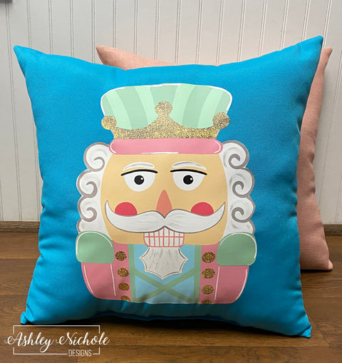 Custom Pillow - Pastels & Golds Nutcracker on Turquoise Outdoor Fabric
