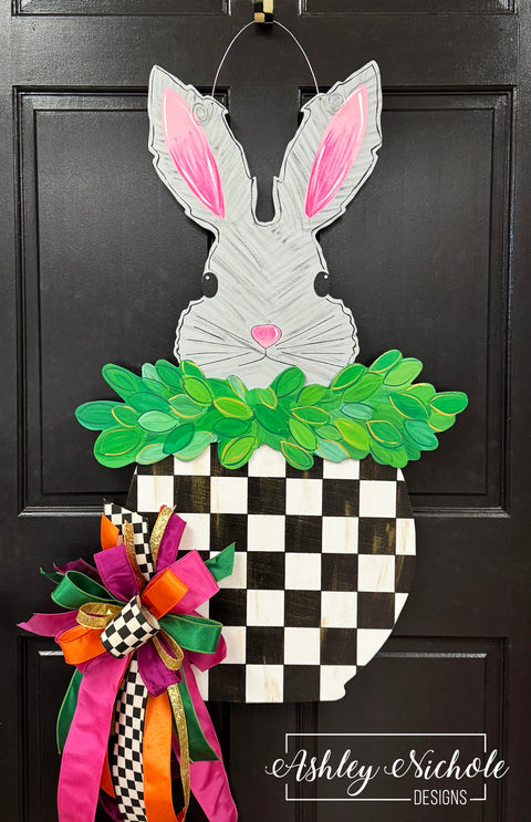 Peeking Bunny in Checkered Pot Door Hanger - HAND PAINTED