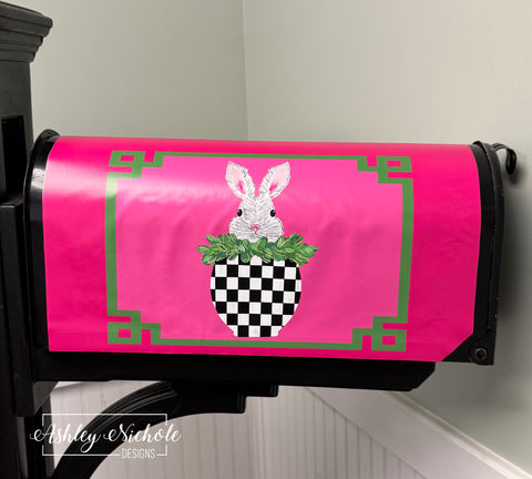 Peeking Bunny in a Checkered Pot - Magnetic Vinyl Mailbox Cover