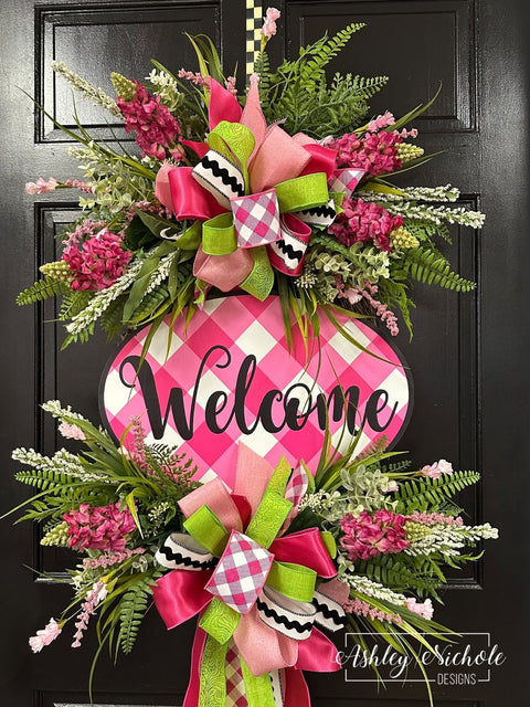Buffalo Check Welcome Plaque Everyday Wreath - PINKS