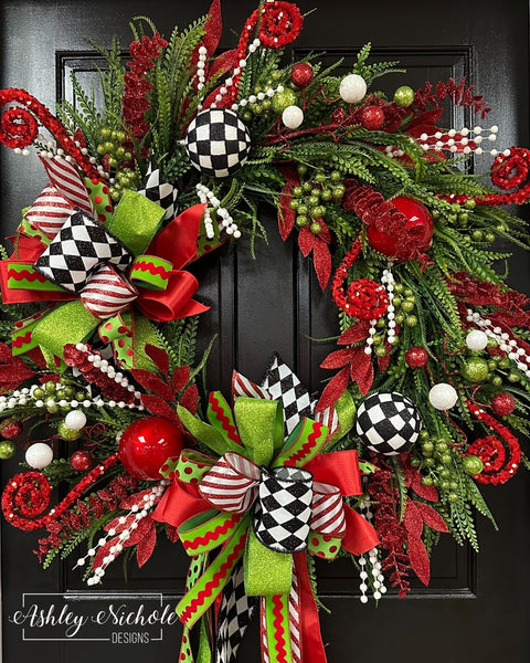 Red & Green Whimsical Full Round Christmas Wreath (Oversized)