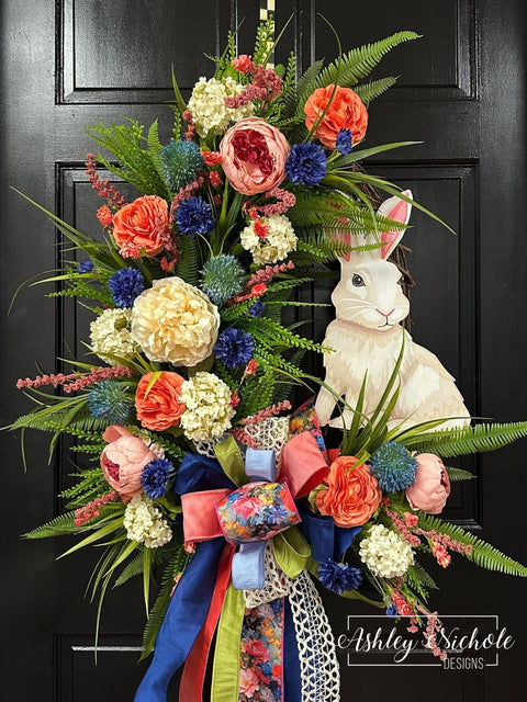 Bunny in the Flower Garden Spring Floral Wreath