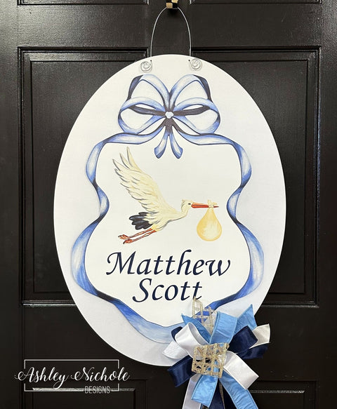 Stork Announcement Oval Sign (BOY) - Door Hanger (UV Printed Only)