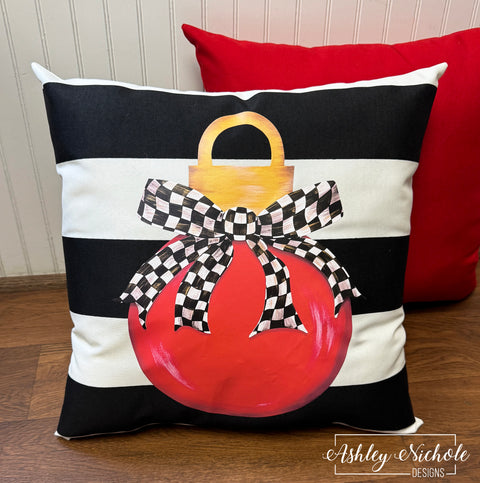 Custom Pillow - Fancy Bow - CHECKERED - Ornament on Black & White Stripe Outdoor Fabric