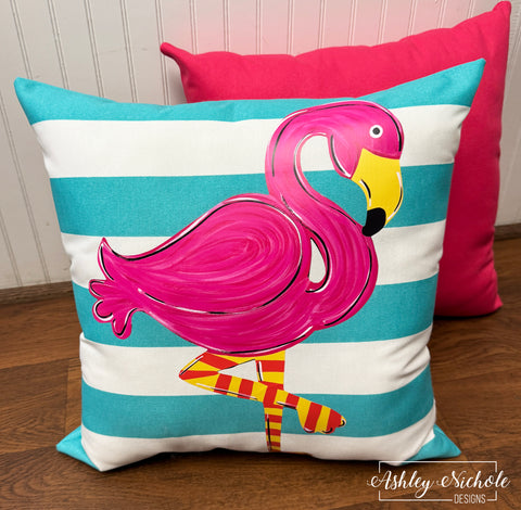 Custom Pillow - Funky Flamingo on Ocean Stripe Outdoor Fabric