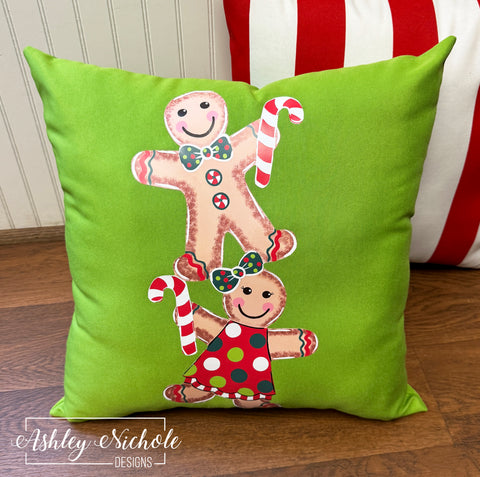 Custom Pillow - Gingerbread Cookie Stack - RED/GREEN on Apple Green Outdoor Fabric