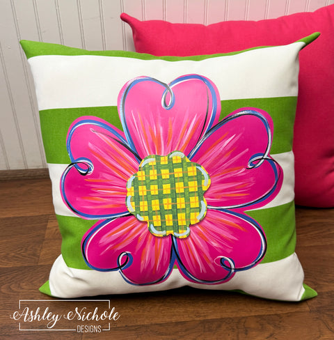Custom Pillow - Hot Pink Summer Flower on Green Stripe Outdoor Fabric