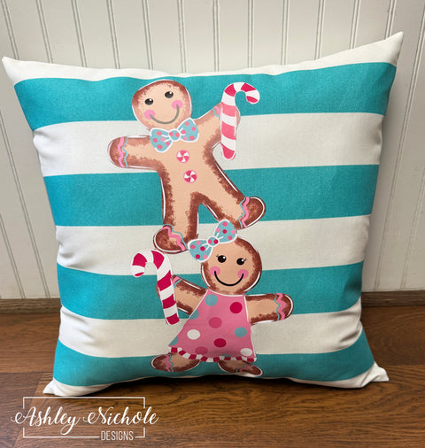 Custom Pillow - Pastel Gingerbread Cookie Stack on Ocean Stripe Outdoor Fabric
