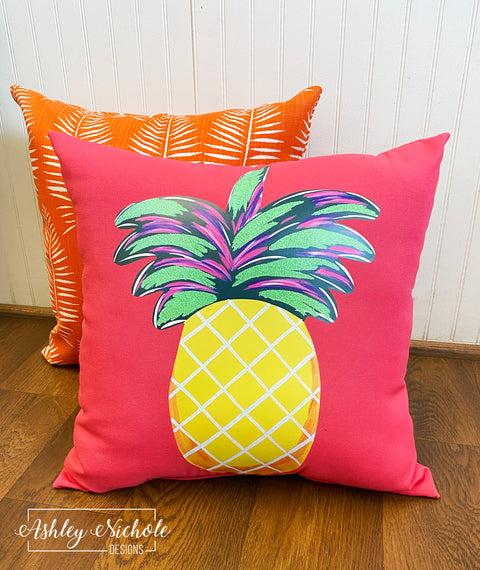 Custom Pillow - Pina Colada Pineapple on Candy Pink Outdoor Fabric