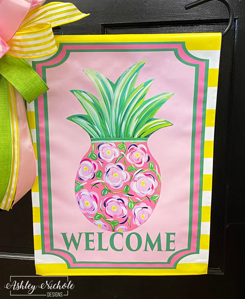 Pineapple - Pink Floral - Vinyl Garden Flag