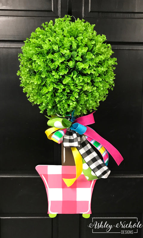 Spring Topiary - Single Ball PINK Buffalo Check - Door Hanger (Hand Painted)