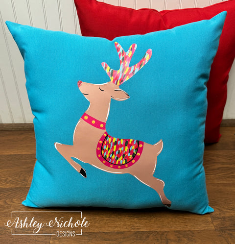Custom Pillow - Prancing Christmas Deer on Turquoise Outdoor Fabric