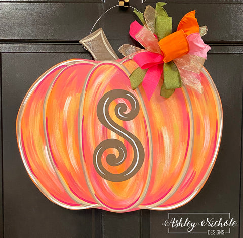 Pumpkin Distressed Door Hanger - PINK & ORANGE