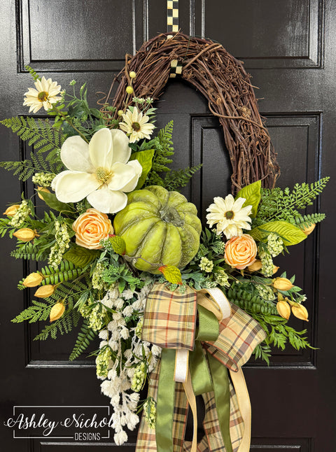 *READY to SHIP* - Pumpkin & Plaid Oval Wreath