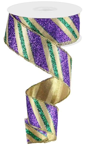 Mardi Gras Diagonal Glitter Stripe Wired Ribbon - 1.5" x 10yds