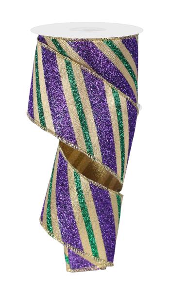 Diagonal Glitter Stripe Mardi Gras Wired Ribbon- 2.5” x 10 Yds