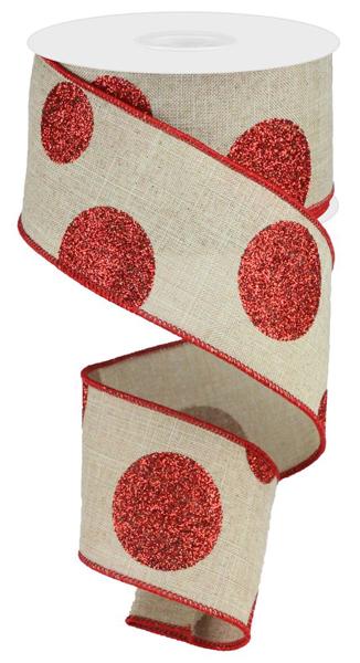Red Glitter Dots On Burlap Wired Ribbon - 2.5" x 10yds