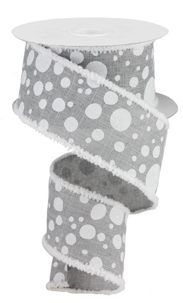 Gray Burlap w/ White Glitter Dots Wired Ribbon - 2.5" x 10yds