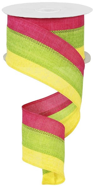 Pink, Green & Yellow Striped Wired Ribbon - 2.5" x 50yds