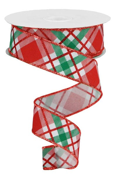 White, Red & Emerald Glitter Plaid Wired Ribbon - 1.5" x 10yds