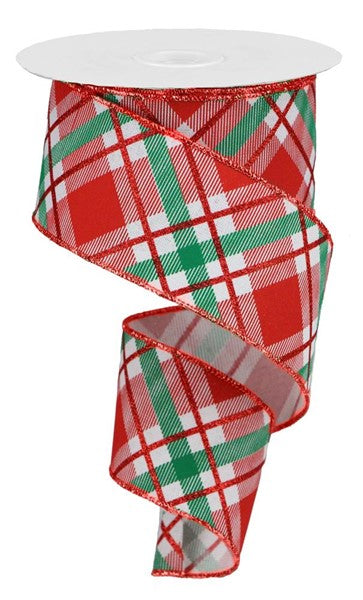 White, Red & Green Glitter Plaid Wired Ribbon - 2.5" x 10yds