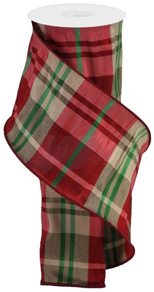 Tan, Green & Red Winter Plaid Wired Ribbon - 4" x 10yds