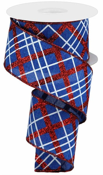 Red, white & Blue Glitter Diagonal Plaid Wired Ribbon - 2.5" x 10yds