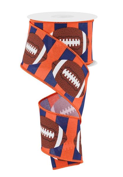 Orange & Navy Football Wired Ribbon - 2.5" x 10yds