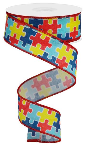 Autism Awareness Puzzle Wired Ribbon - 1.5" x 10yds