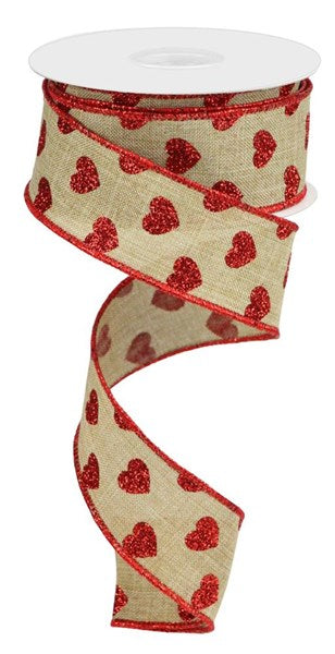 Burlap w/ Red Glitter Hearts Wired Ribbon - 1.5” x 10yds