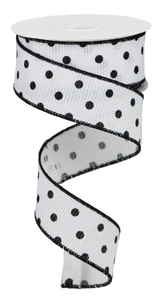 Black Micro Dots on White Linen Wired Ribbon - 1.5" x 50yds