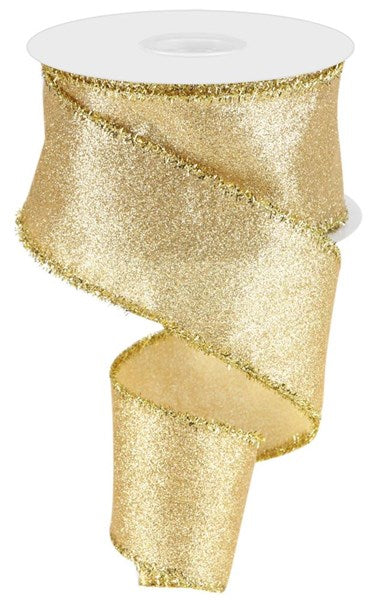 Gold Glitter Shimmer w/ Tinsel Edge Wired Ribbon - 2.5" x 10yds